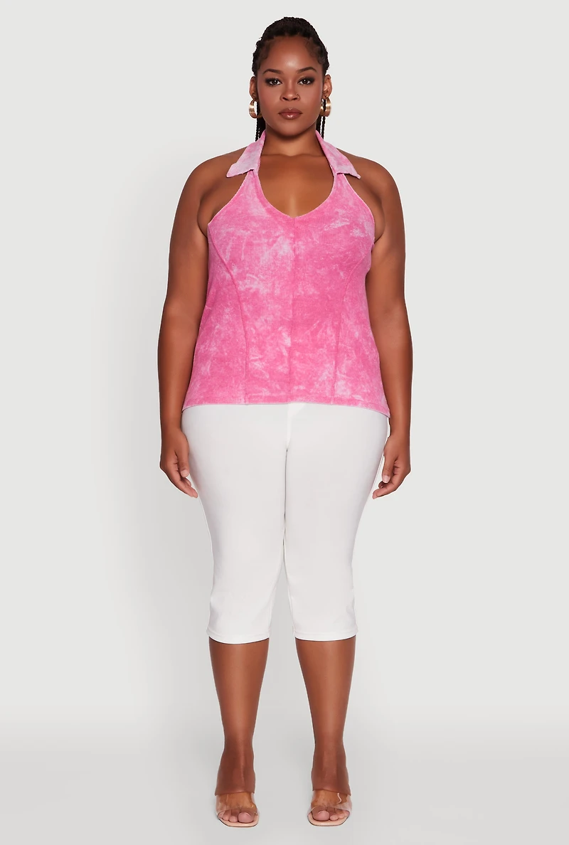 Plus Ribbed Knit Acid Wash Halter Top