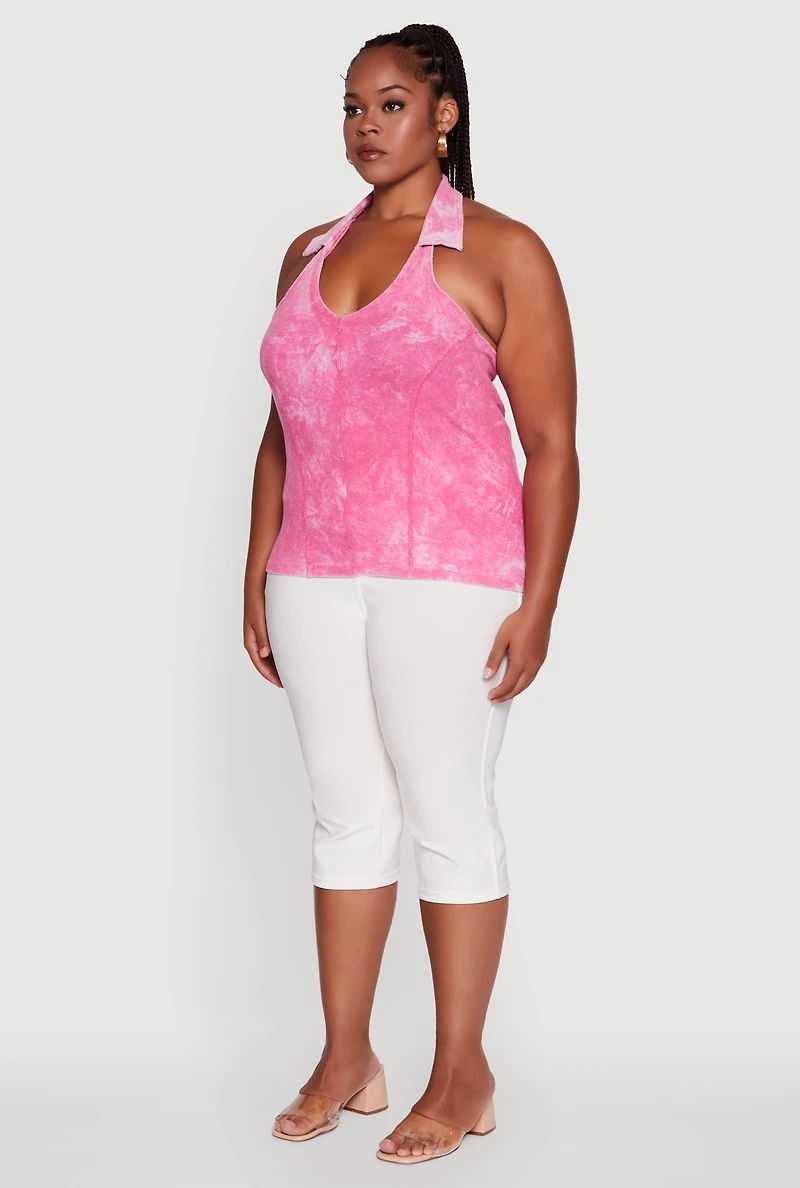 Womens Plus Size Ribbed Knit Acid Wash Halter Top, Pink, Size 1X