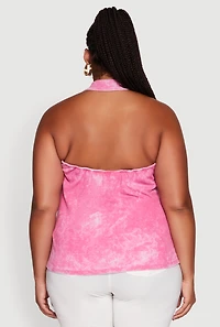 Womens Plus Size Ribbed Knit Acid Wash Halter Top, Pink, Size 1X