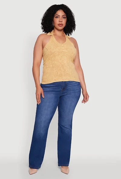Womens Plus Ribbed Knit Acid Wash Halter Top,