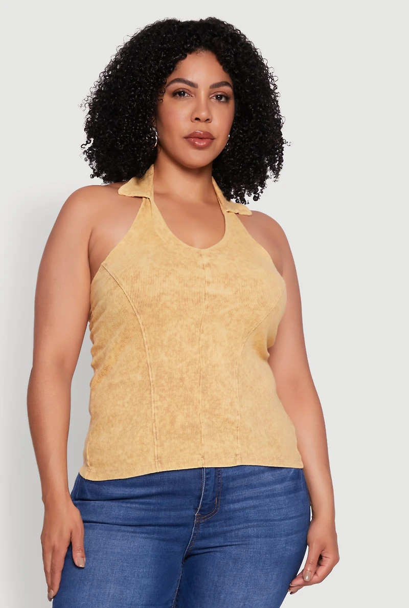 Plus Ribbed Knit Acid Wash Halter Top