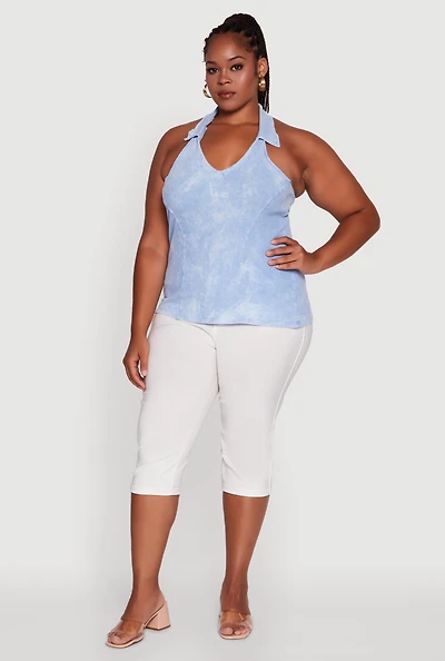 Womens Plus Size Ribbed Knit Acid Wash Halter Top, Blue, Size 1X