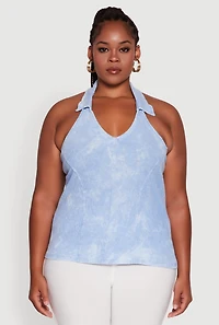 Womens Plus Size Ribbed Knit Acid Wash Halter Top, Blue, Size 1X