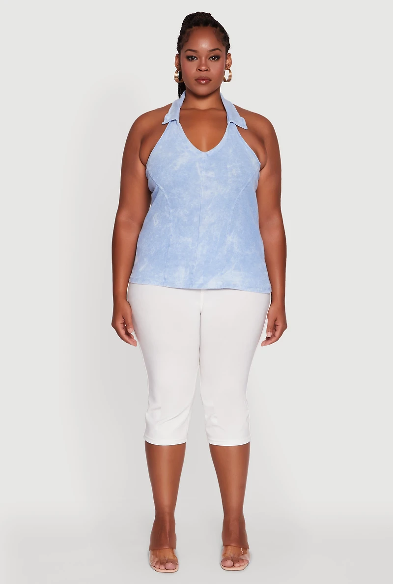 Womens Plus Ribbed Knit Acid Wash Halter Top,