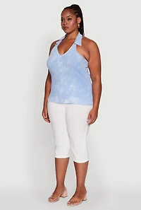 Womens Plus Size Ribbed Knit Acid Wash Halter Top, Blue, Size 1X
