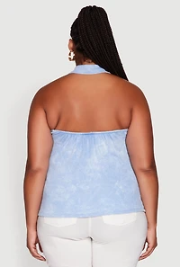 Womens Plus Size Ribbed Knit Acid Wash Halter Top, Blue, Size 1X