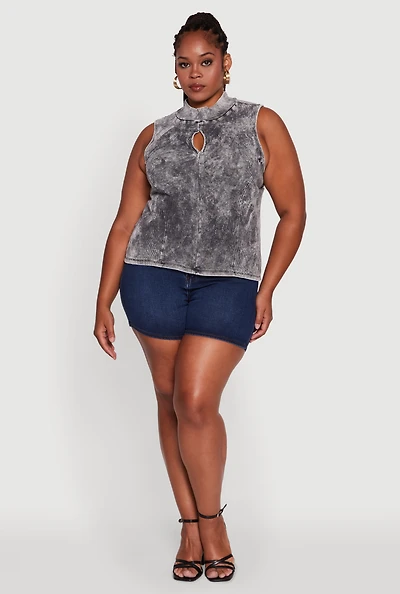 Womens Plus Acid Wash Keyhole Mock Neck Tank Top,