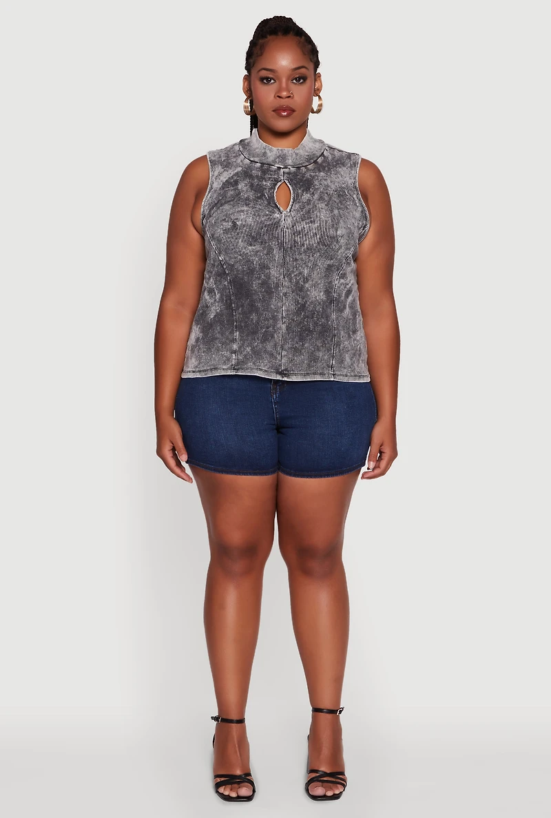 Plus Acid Wash Keyhole Mock Neck Tank Top