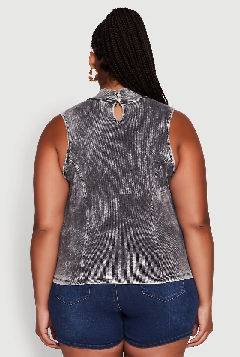 Plus Acid Wash Keyhole Mock Neck Tank Top
