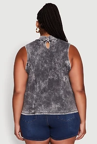 Plus Acid Wash Keyhole Mock Neck Tank Top
