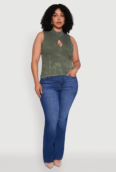 Womens Plus Acid Wash Keyhole Mock Neck Tank Top,