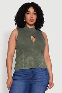 Womens Plus Acid Wash Keyhole Mock Neck Tank Top, 1X