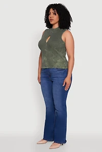 Womens Plus Acid Wash Keyhole Mock Neck Tank Top, 1X
