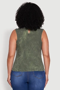 Womens Plus Acid Wash Keyhole Mock Neck Tank Top, 1X