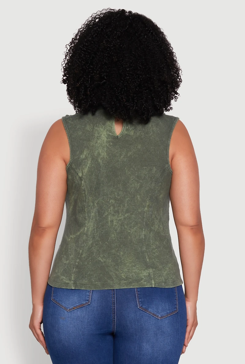 Womens Plus Size Acid Wash Keyhole Mock Neck Tank Top, Green, Size 1X