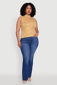 Womens Plus Acid Wash Keyhole Mock Neck Tank Top,