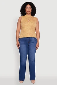 Womens Plus Acid Wash Keyhole Mock Neck Tank Top,