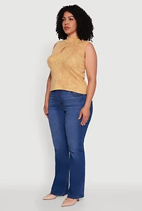 Womens Plus Acid Wash Keyhole Mock Neck Tank Top,