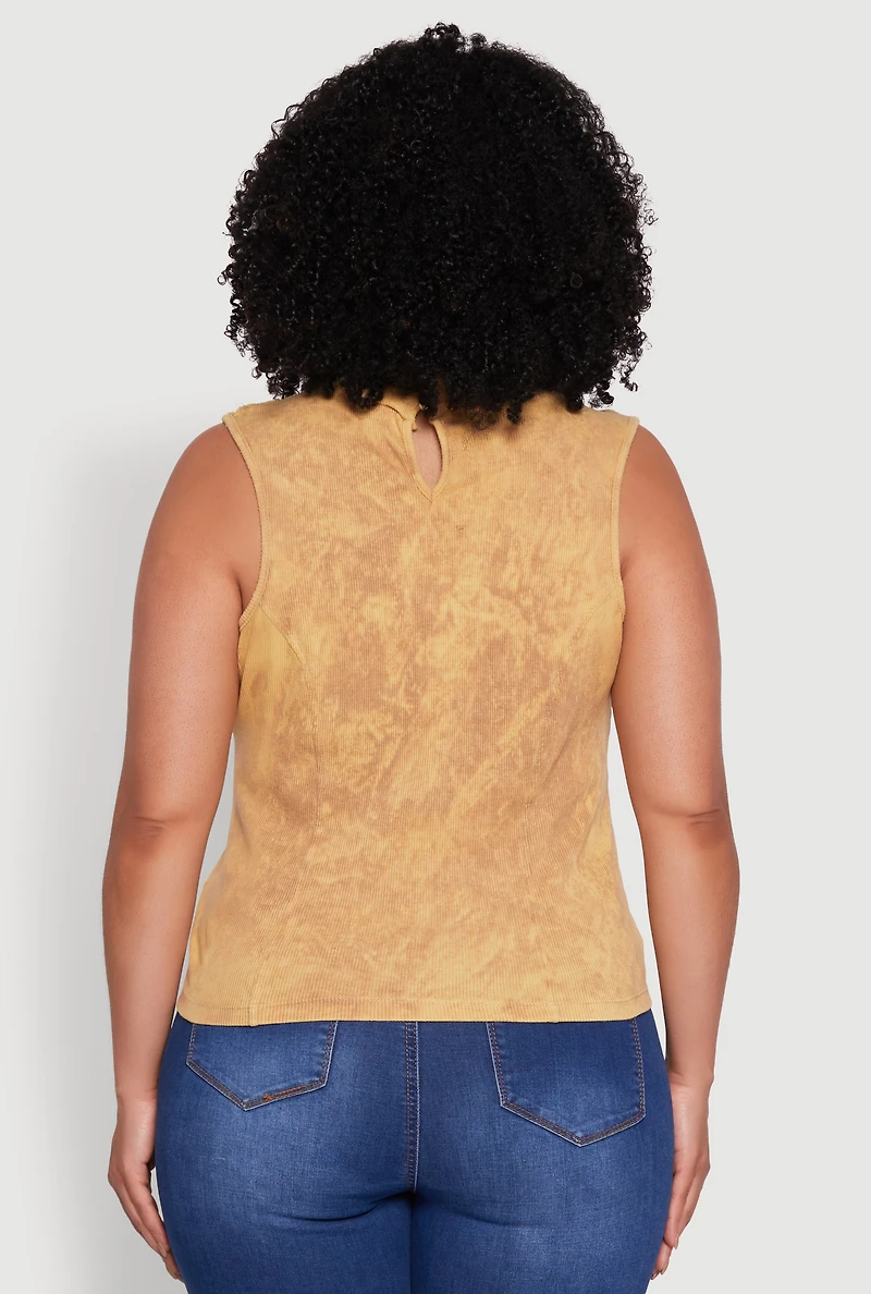 Womens Plus Acid Wash Keyhole Mock Neck Tank Top,