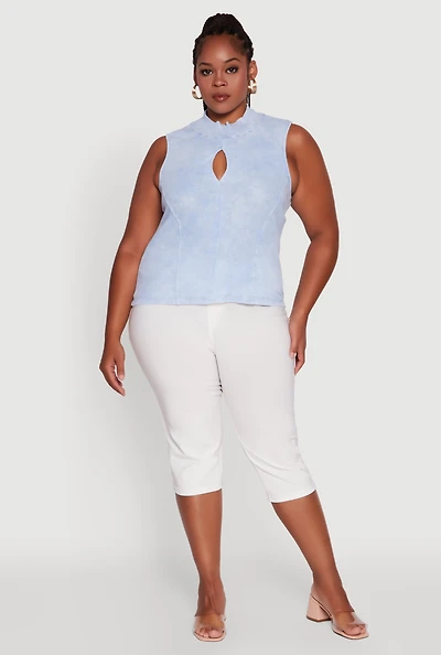 Womens Plus Acid Wash Keyhole Mock Neck Tank Top,