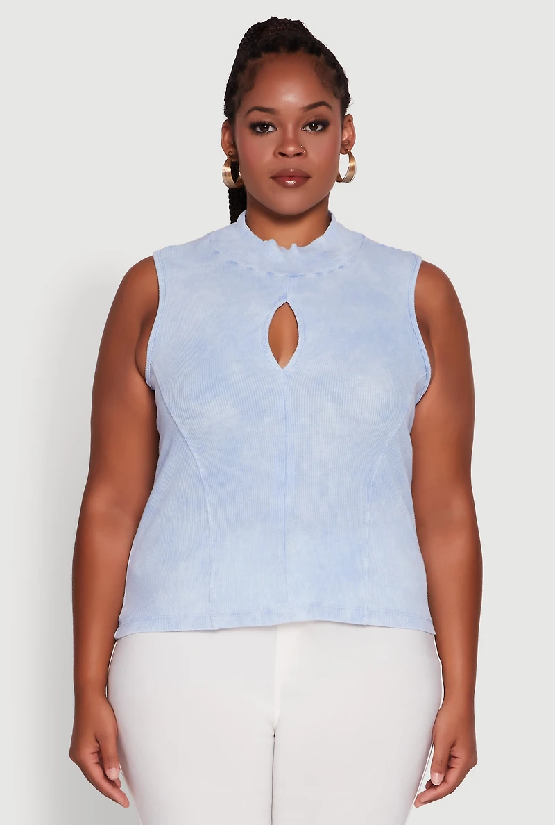 Womens Plus Size Acid Wash Keyhole Mock Neck Tank Top, Blue, Size 4X