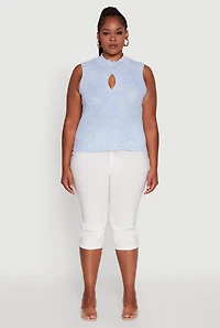 Womens Plus Size Acid Wash Keyhole Mock Neck Tank Top, Blue, Size 4X