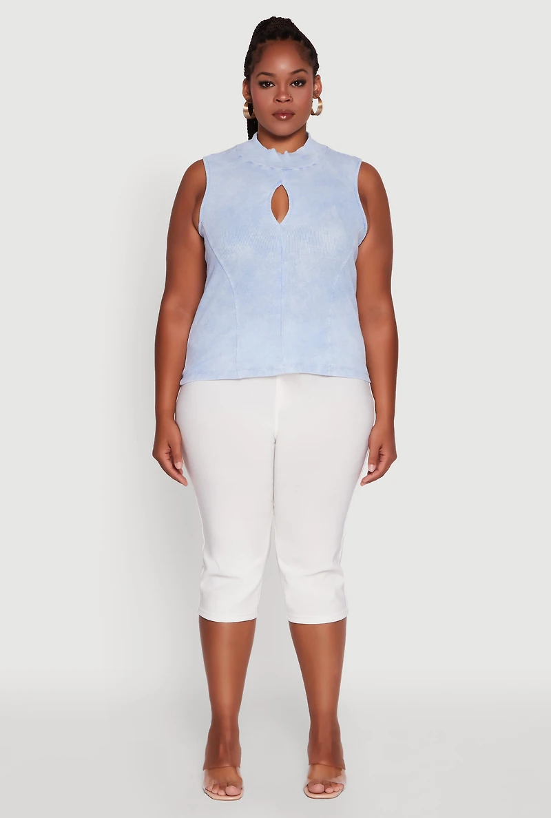 Womens Plus Size Acid Wash Keyhole Mock Neck Tank Top, Blue, Size 4X