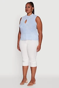 Womens Plus Size Acid Wash Keyhole Mock Neck Tank Top, Blue, Size 4X