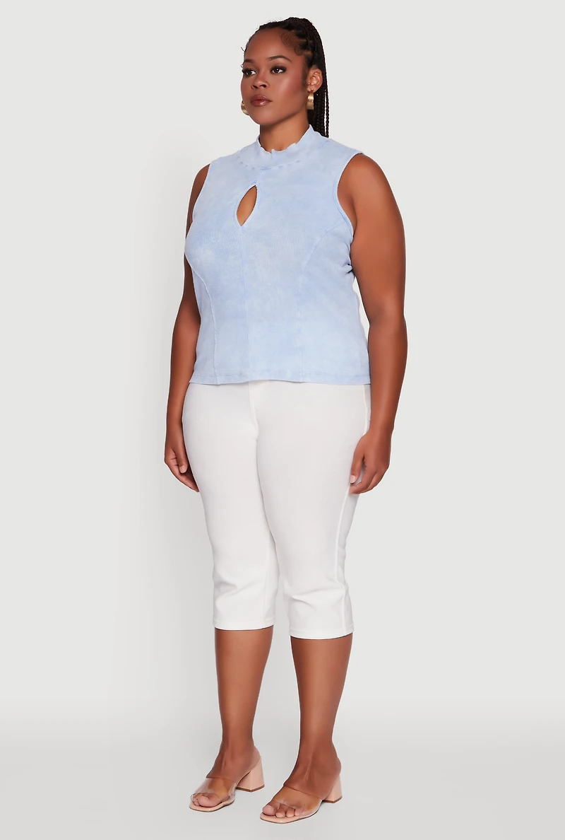 Womens Plus Size Acid Wash Keyhole Mock Neck Tank Top, Blue, Size 4X