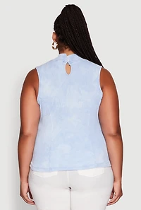 Womens Plus Size Acid Wash Keyhole Mock Neck Tank Top, Blue, Size 4X