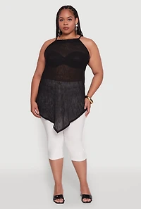 Womens Plus Chic Textured Knit Tank Top with Hanky Hem and Halter Neck,