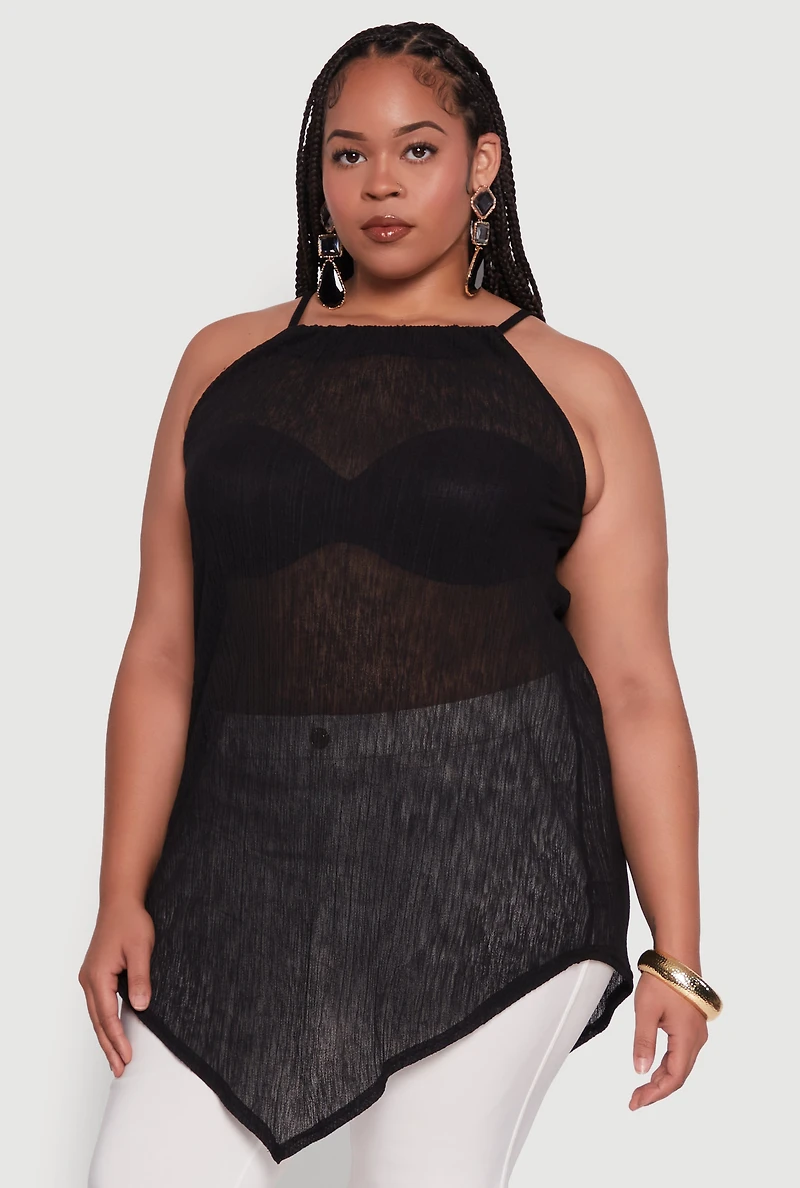 Womens Plus Chic Textured Knit Tank Top with Hanky Hem and Halter Neck,