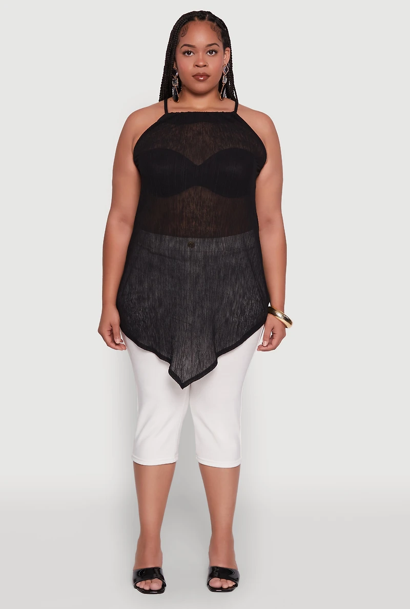 Womens Plus Chic Textured Knit Tank Top with Hanky Hem and Halter Neck,