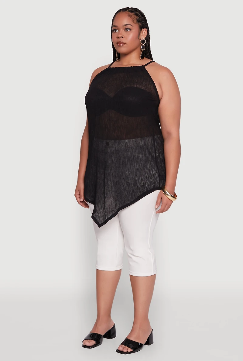 Womens Plus Chic Textured Knit Tank Top with Hanky Hem and Halter Neck,