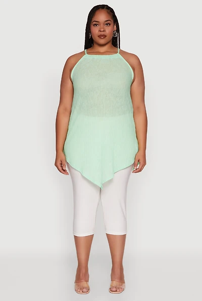 Womens Plus Chic Textured Knit Tank Top with Hanky Hem and Halter Neck,
