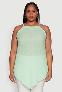 Plus Chic Textured Knit Tank Top with Hanky Hem and Halter Neck