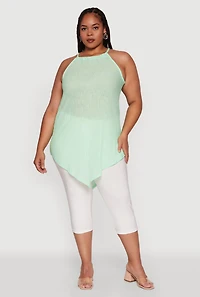 Plus Chic Textured Knit Tank Top with Hanky Hem and Halter Neck