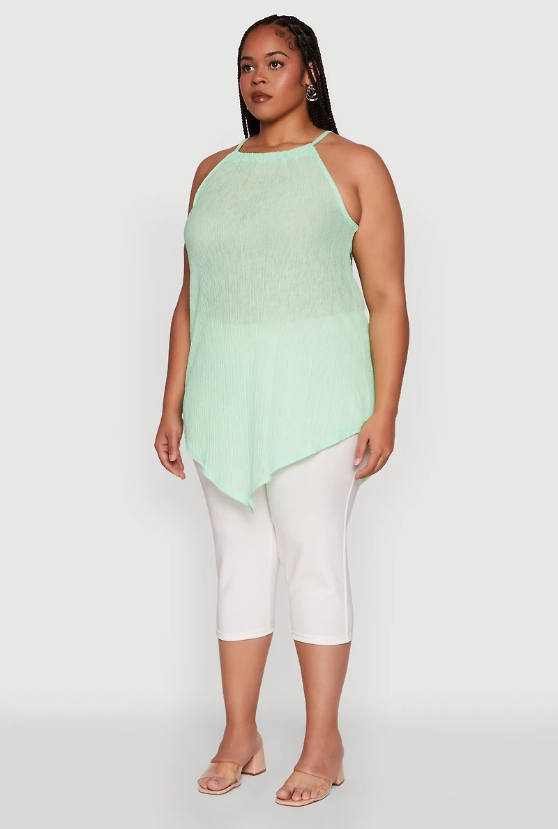 Plus Chic Textured Knit Tank Top with Hanky Hem and Halter Neck
