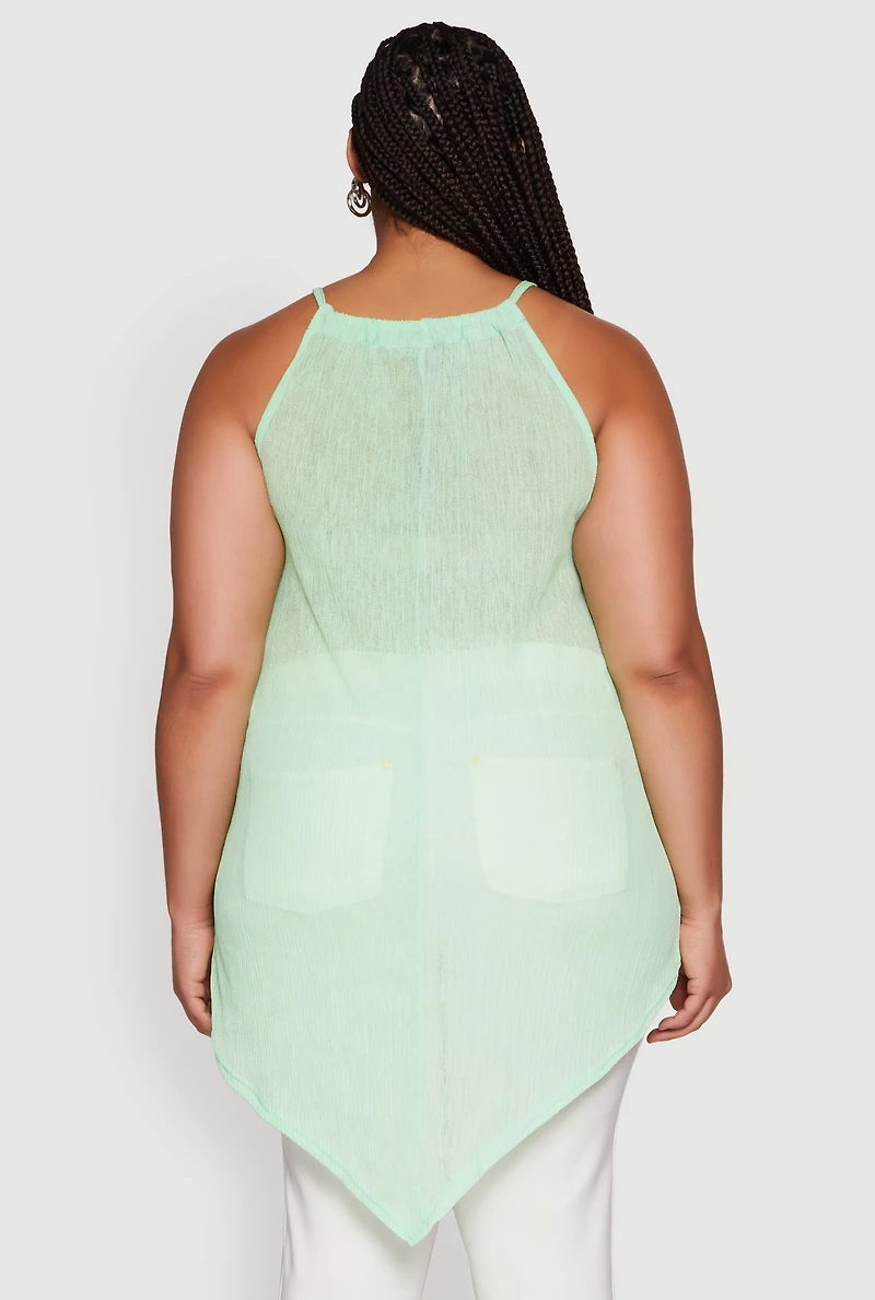 Plus Chic Textured Knit Tank Top with Hanky Hem and Halter Neck