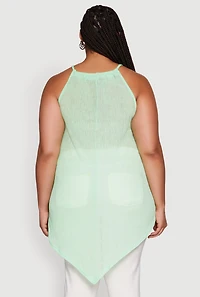 Plus Chic Textured Knit Tank Top with Hanky Hem and Halter Neck