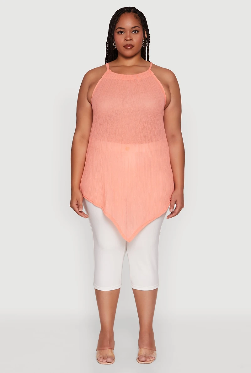 Womens Plus Chic Textured Knit Tank Top with Hanky Hem and Halter Neck, Orange,