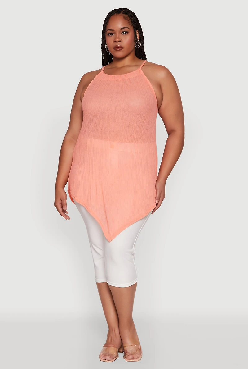 Womens Plus Chic Textured Knit Tank Top with Hanky Hem and Halter Neck, Orange,