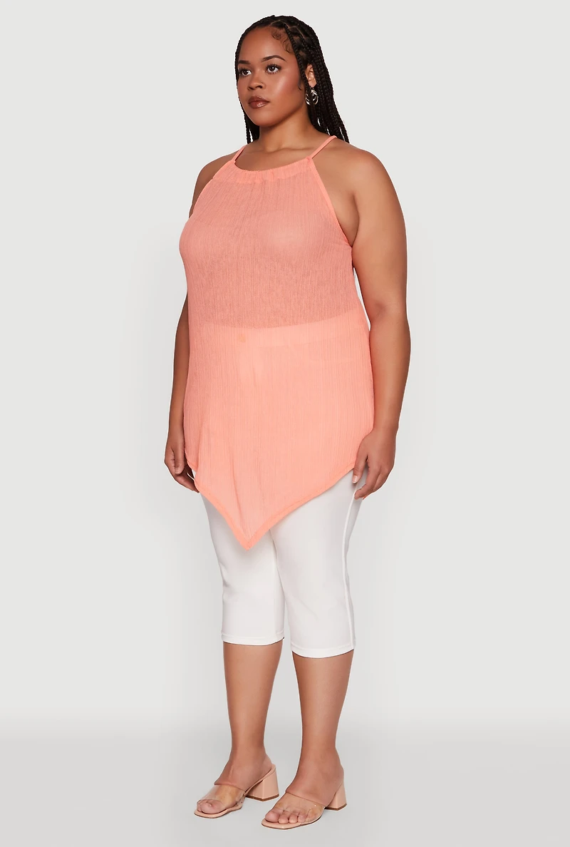 Womens Plus Chic Textured Knit Tank Top with Hanky Hem and Halter Neck, Orange,