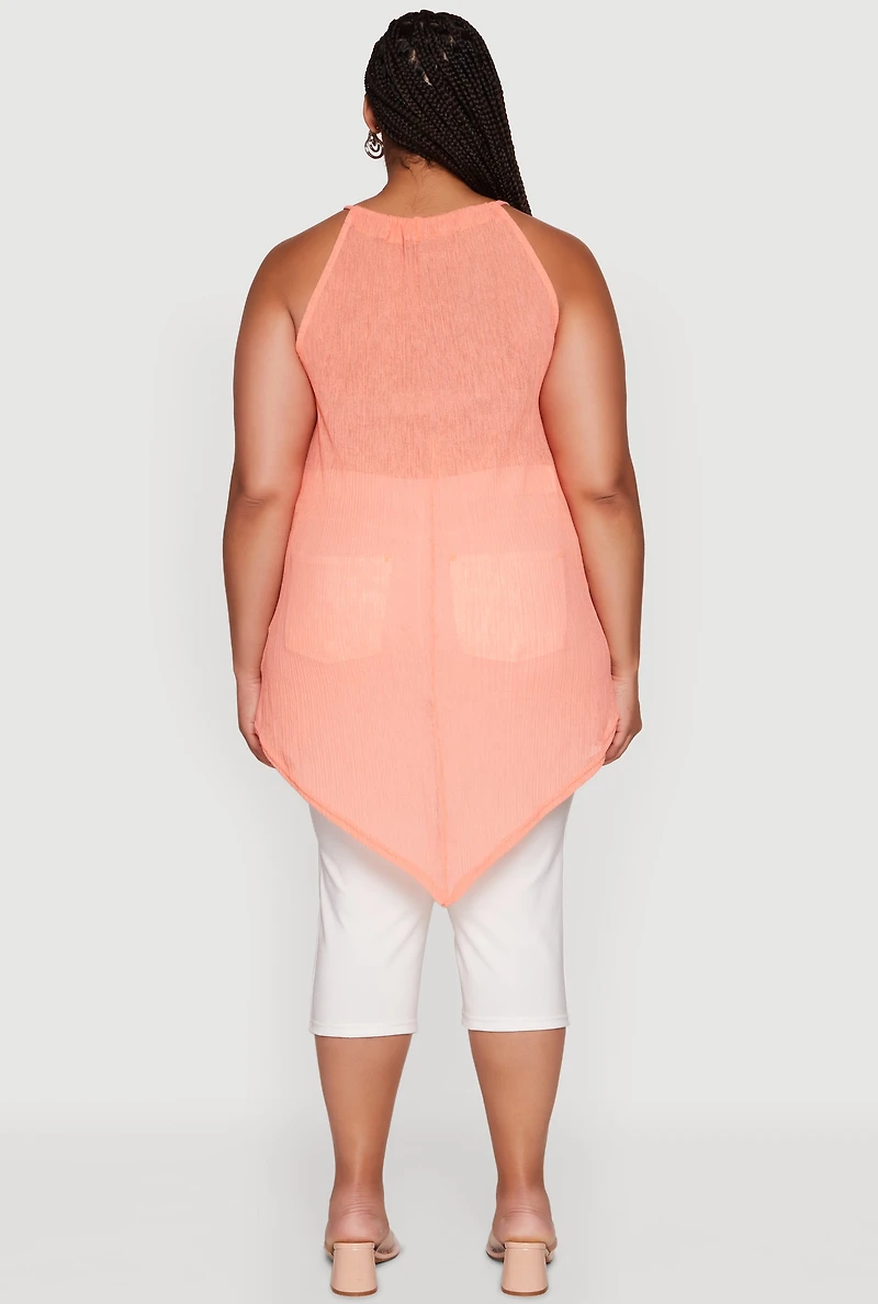 Womens Plus Chic Textured Knit Tank Top with Hanky Hem and Halter Neck, Orange,