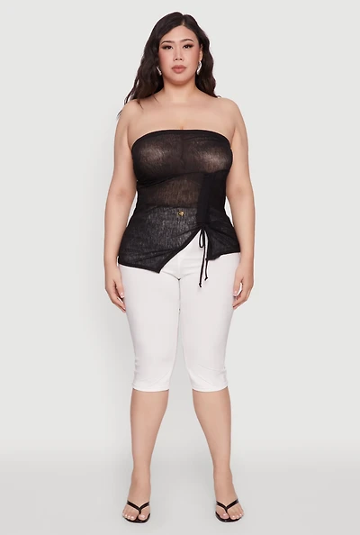 Womens Plus Sheer Ruched Drawstring Tube Top,