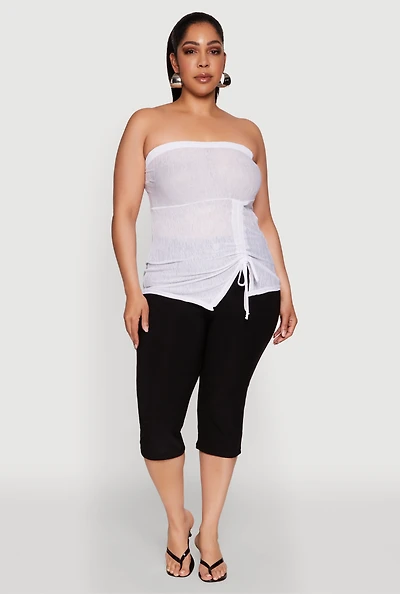 Womens Plus Size Sheer Ruched Drawstring Tube Top, White, Size 4X