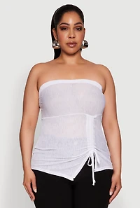 Womens Plus Sheer Ruched Drawstring Tube Top, White,
