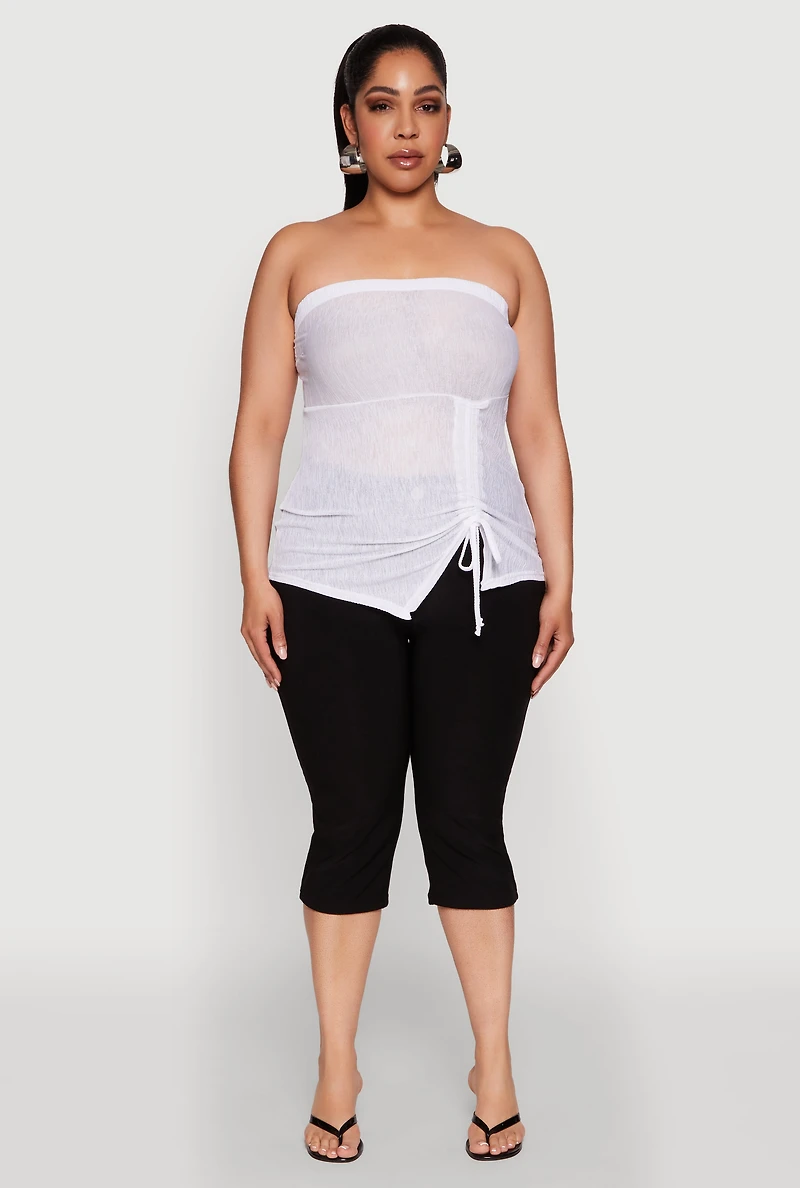 Womens Plus Sheer Ruched Drawstring Tube Top, White,