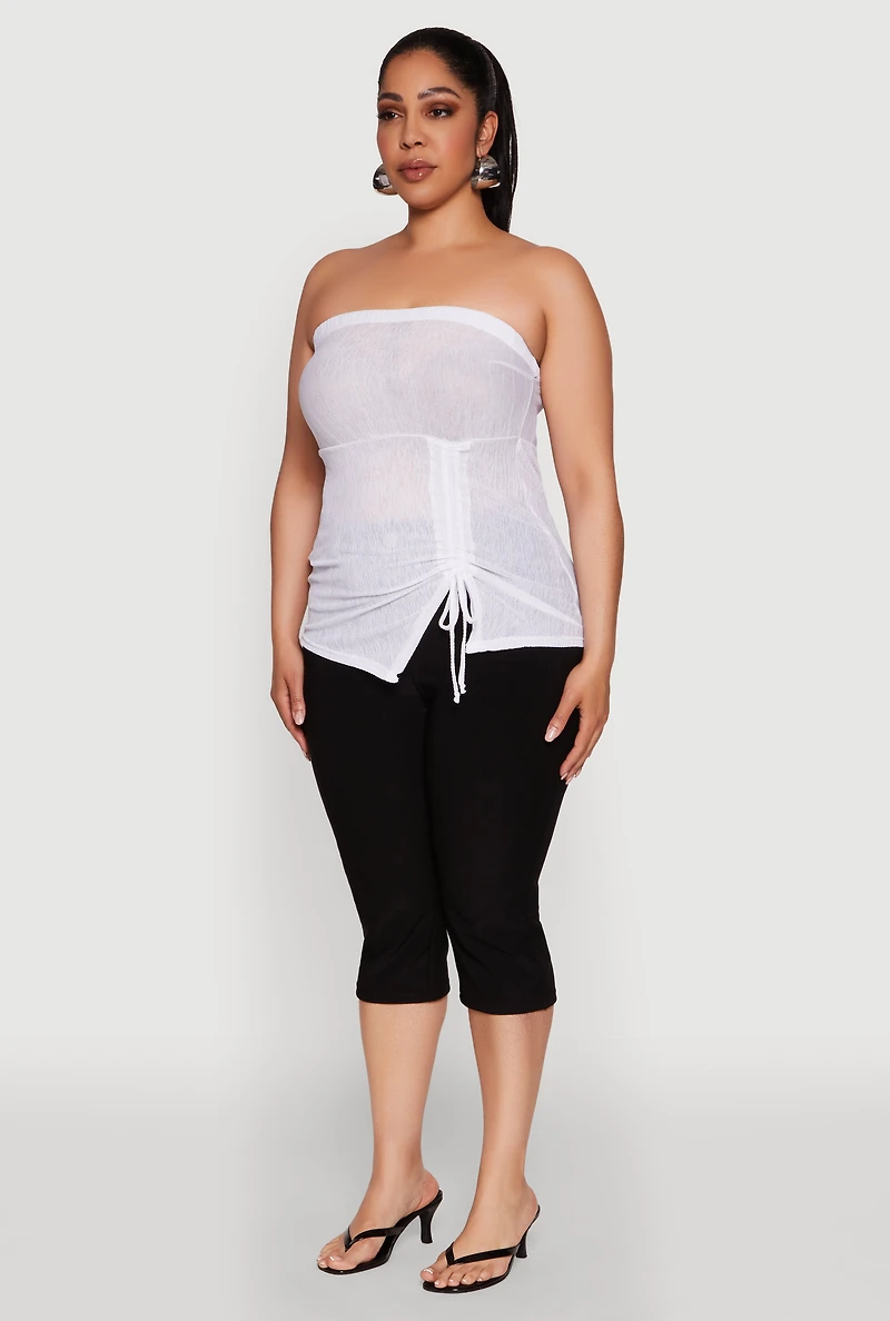 Womens Plus Sheer Ruched Drawstring Tube Top, White,
