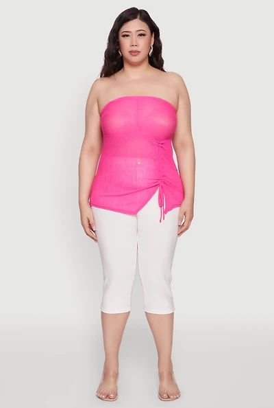 Womens Plus Sheer Ruched Drawstring Tube Top,